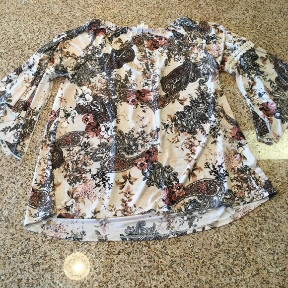Naif Womens Medium Beige Floral Blouse Top Boho Wide Arm Paisley Floral Print - Picture 9 of 12